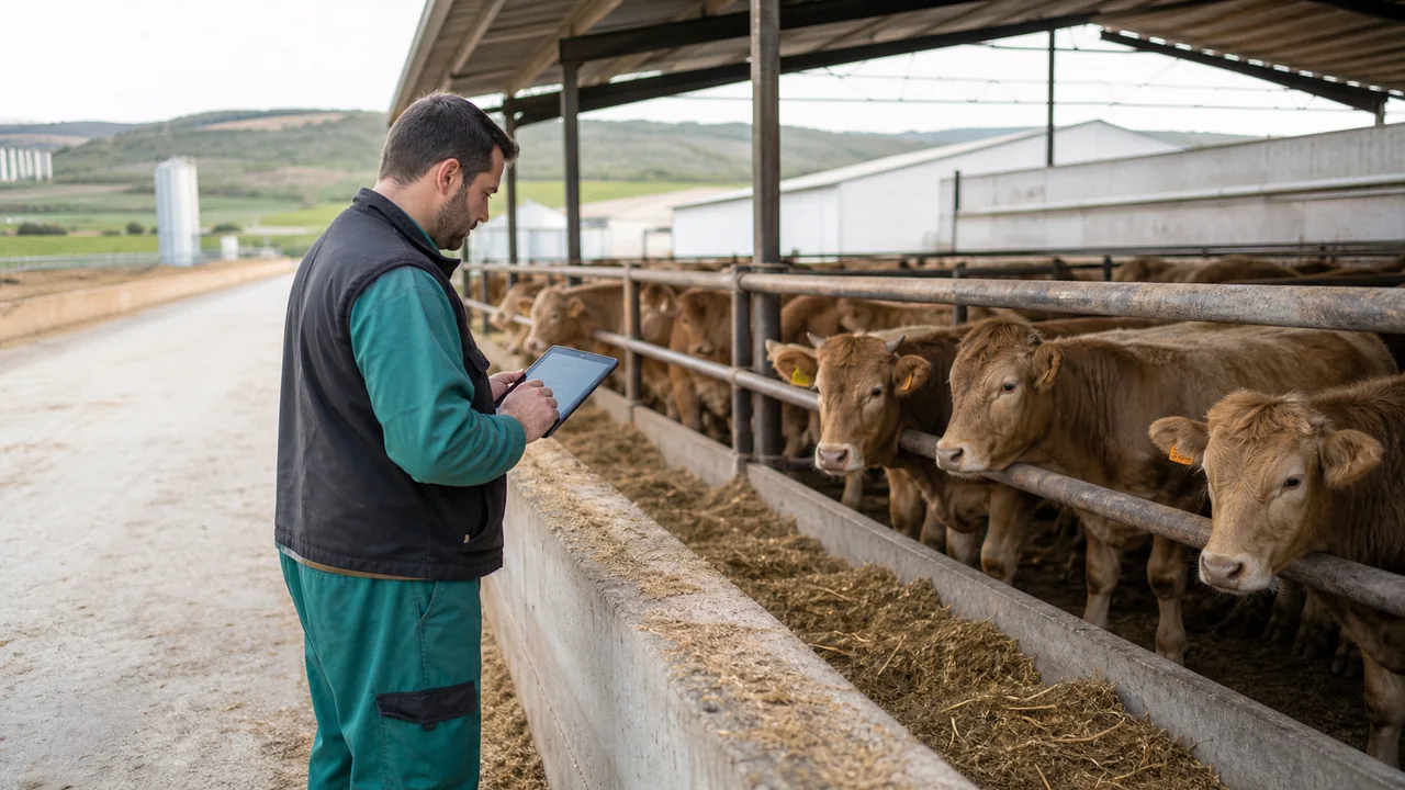 Ganadero revisando datos de lotes junto a terneros en una explotación de engorde