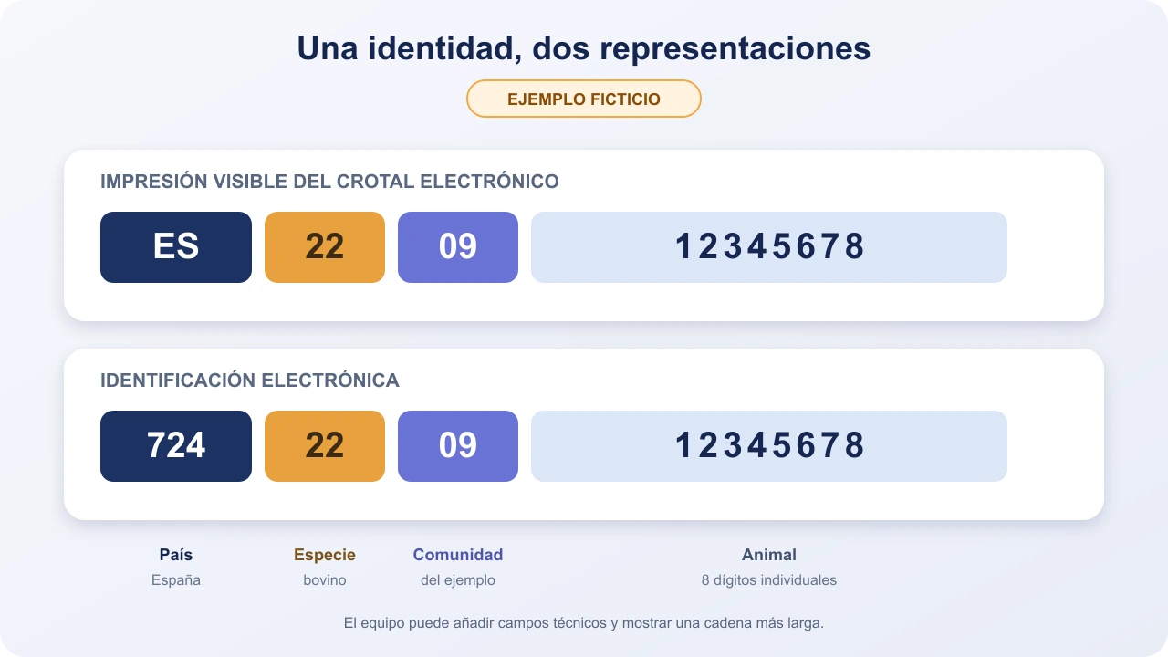 Desglose de la impresión visible y la identificación electrónica de un crotal electrónico bovino ficticio: ES o 724, especie 22, código autonómico y ocho dígitos individuales