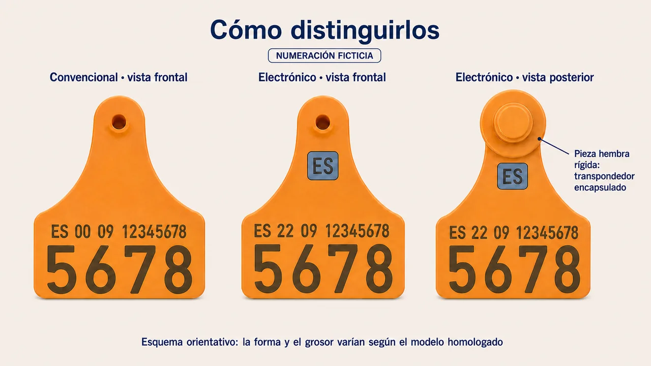 Comparación orientativa entre un crotal convencional y las vistas frontal y posterior de un crotal electrónico bovino, con la pieza hembra rígida señalada