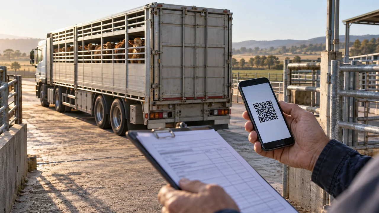 Responsable mostrando el QR del DeCA junto a un camión de transporte de ganado vivo