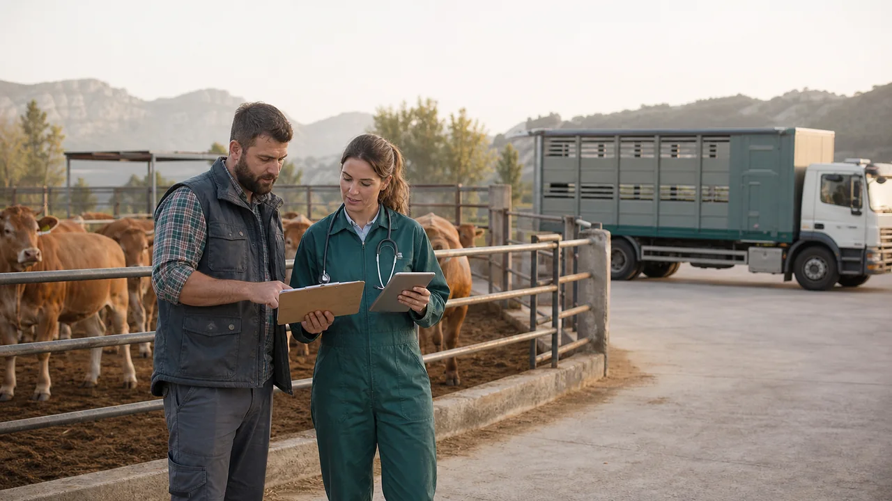 Ganadero y veterinaria revisando la documentación de terneros antes de un traslado