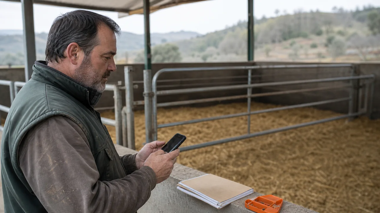 Ramader registrant una incidència amb el mòbil davant d'un corral buit